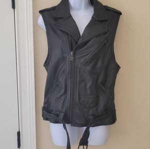 H & M Black Genuine Leather Sleeveless Moto Bikers Jacket Coat Vest